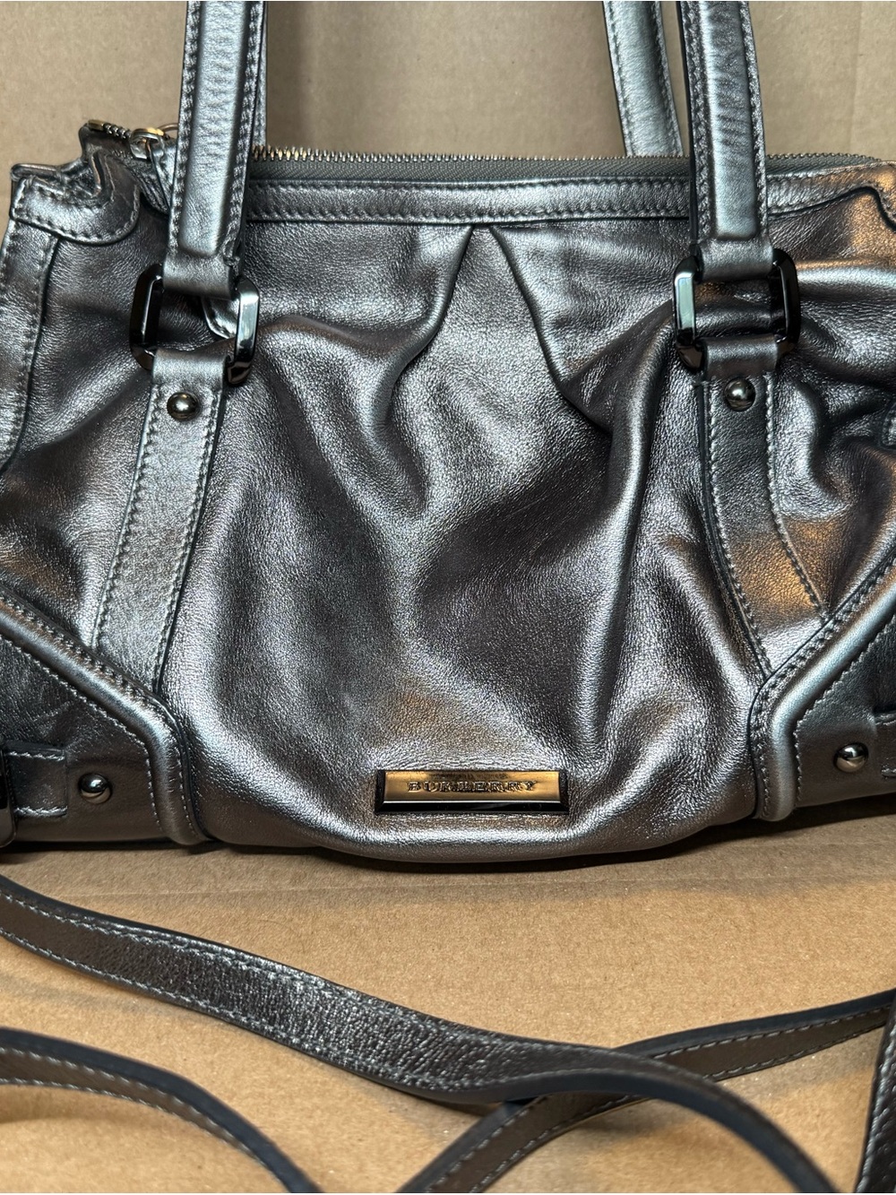 Women’s Metallic Gray Shoulder Bag - Silver Hardware